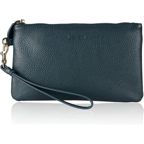 Genuine Italian Leather Wristlet Clutch Wallet Purse-Dark Teal Blue - Picture 1 of 5